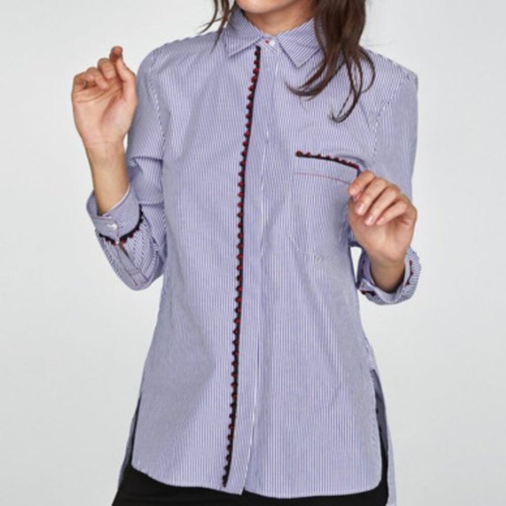 Zara Blue Stripe Shirt w/ Pom-Pom Embellishment - Size Medium
